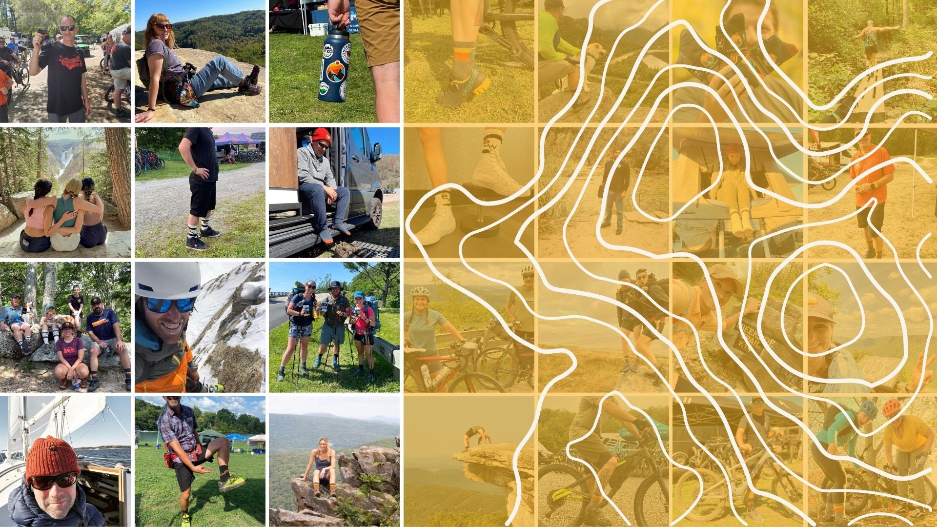 Collage of people outdoors with a topographic map overlay